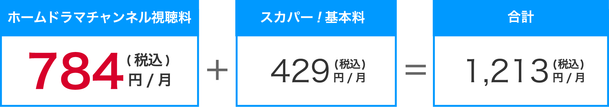 ホームドラマチャンネル視聴料784円（税込）／月＋スカパー！基本料429円（税込）／月＝合計1,213円（税込）／月